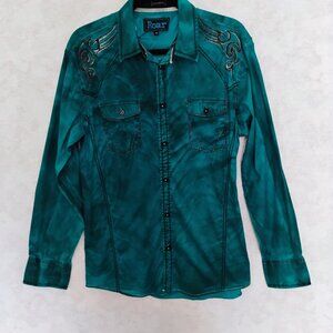 Roar Teal Embroidered Western Men's Shirt Size Medium